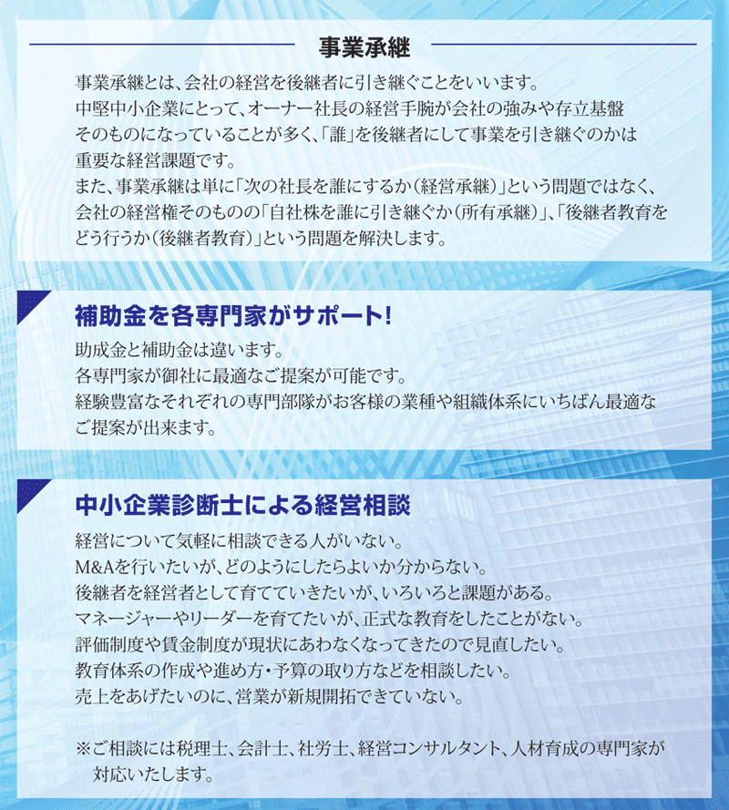 事業継承・補助金・経営相談コンサルティング内容
